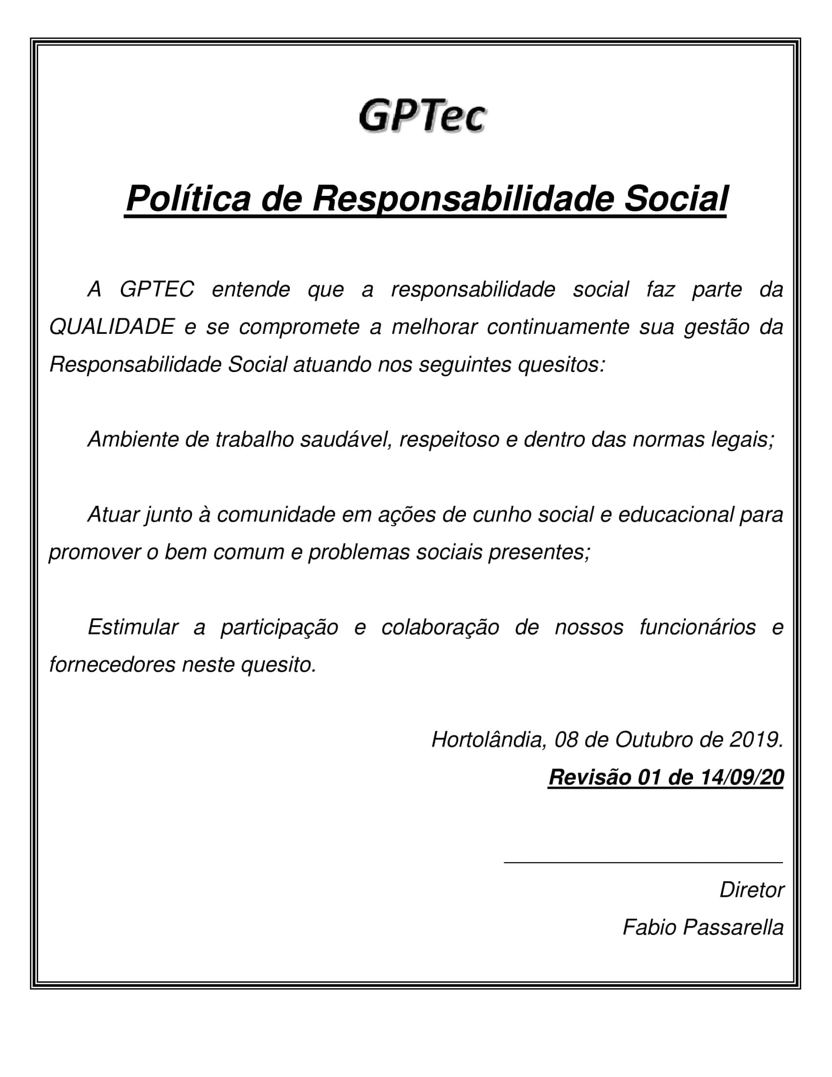 POLÍTICA DE RESPONSABILIDADE SOCIAL GPTEC